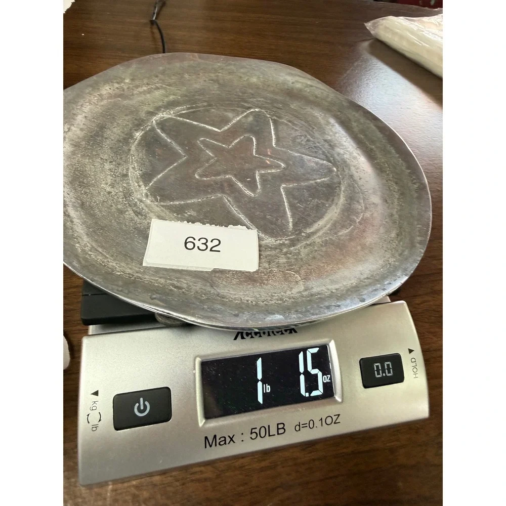 Pewter Silver Star Embossed‎ Rustic Decorative Plate Metal Tray 9in